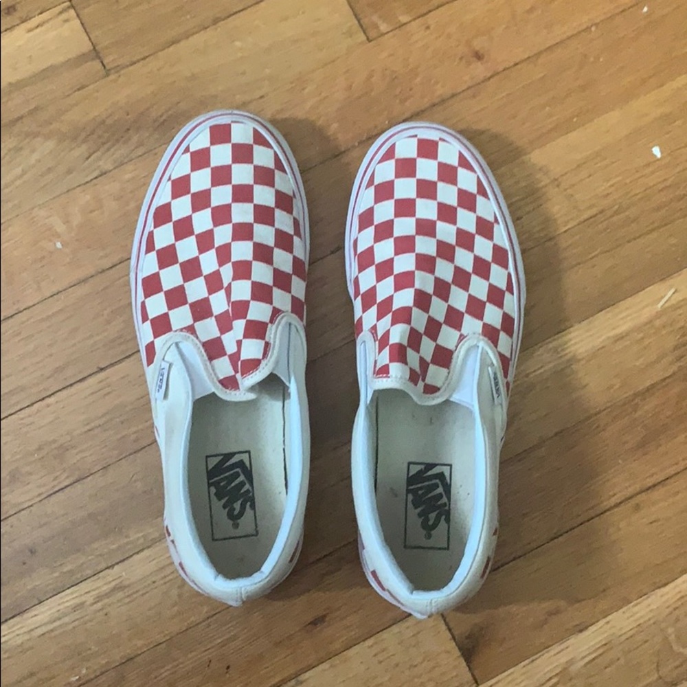 Red & White Vans Checkered Slip On Shoes